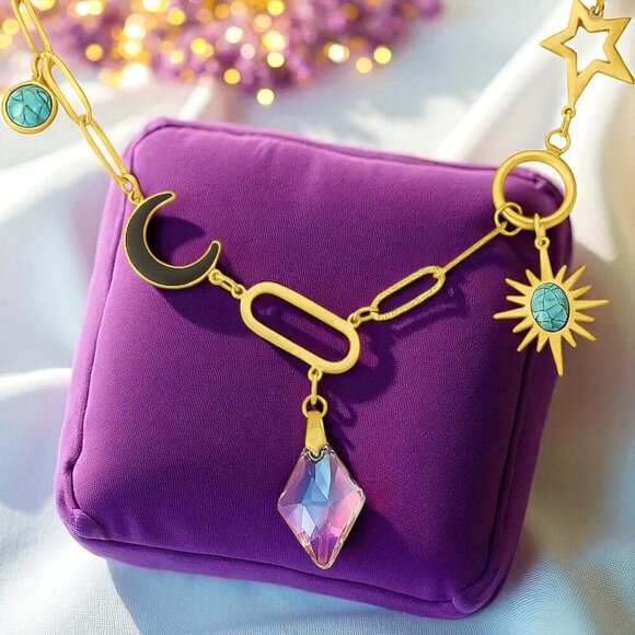 🆕 Boho Celestial Chic 18K Gold Plated Charm Necklace With Star Moon Sun Motifs - Picture 6 of 9